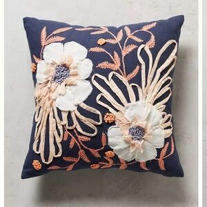 Anthropologie Embroidered Samia Pillows Blue & White Floral Design- Set of 2